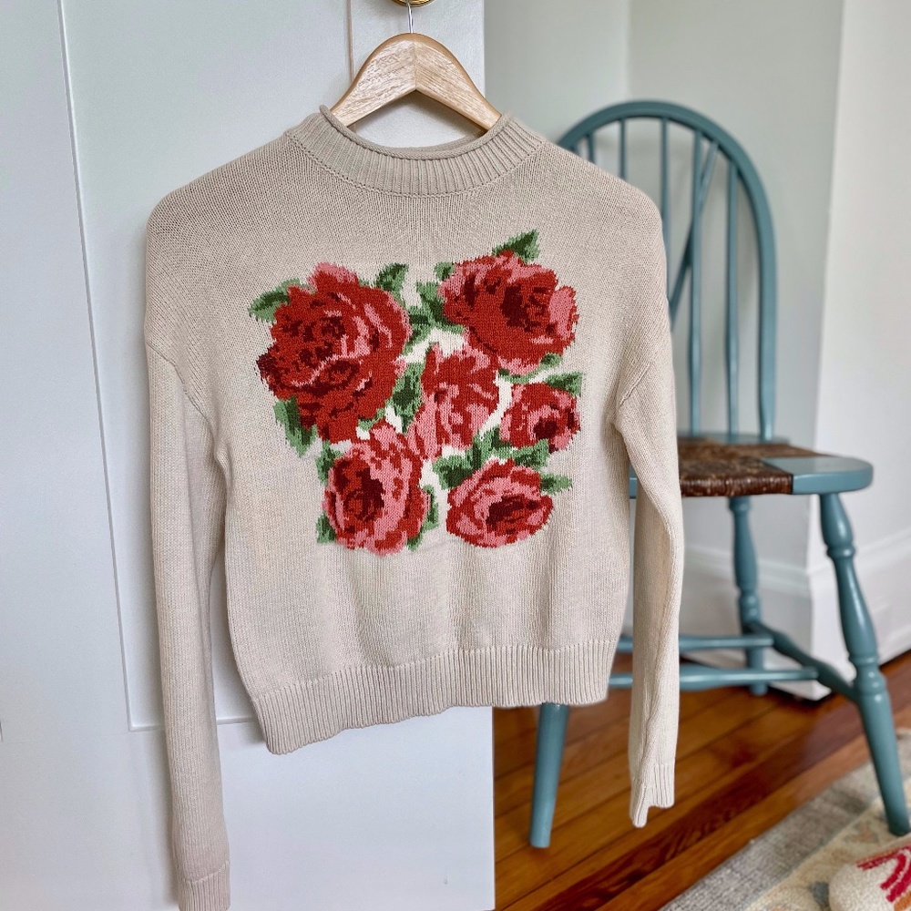 Nordstrom Cotton Sweater with Roses Size XS